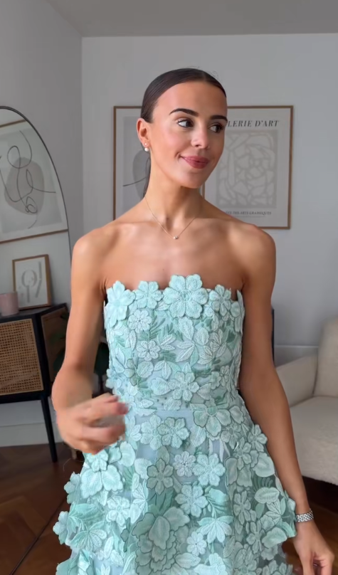 Chic Strapless Sheath Tulle Applique Long Evening Dress Blue Wedding Guest Dress   ED08456