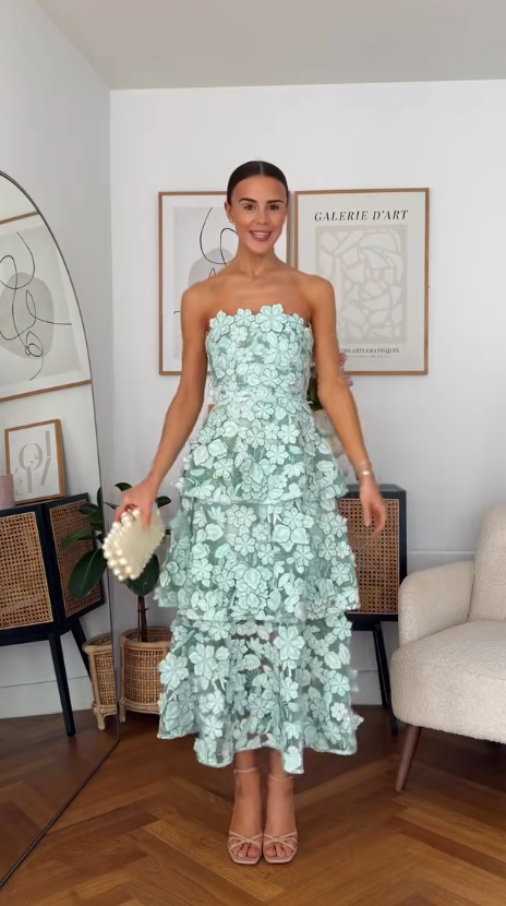 Chic Strapless Sheath Tulle Applique Long Evening Dress Blue Wedding Guest Dress   ED08456