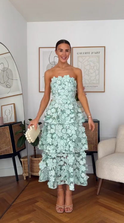 Chic Strapless Sheath Tulle Applique Long Evening Dress Blue Wedding Guest Dress   ED08456