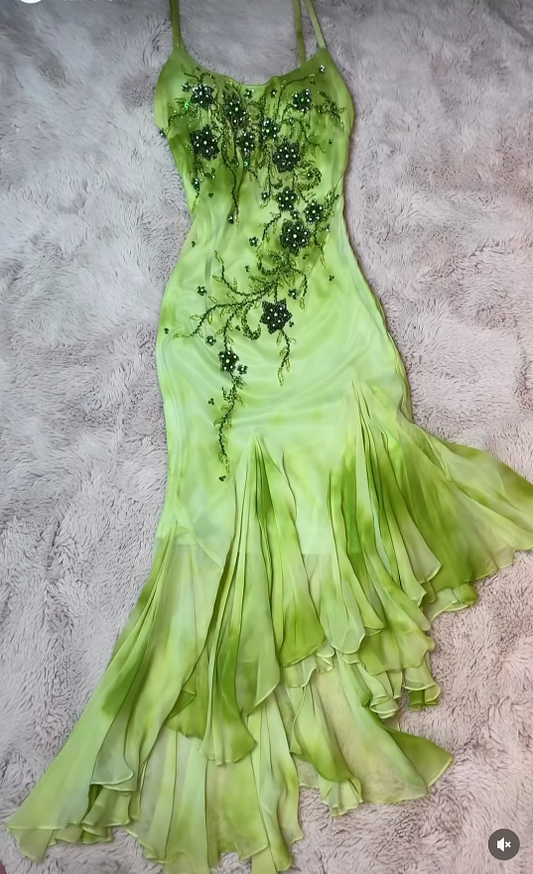 Chic Spagehtti Straps Sheath Beaded Chiffon Long Evening Dress Green Prom Dress  ED08458