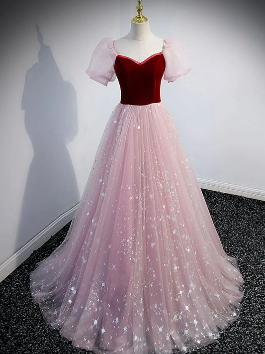 Robe de bal longue en tulle velours rose simple, robe de soirée rose ED0845