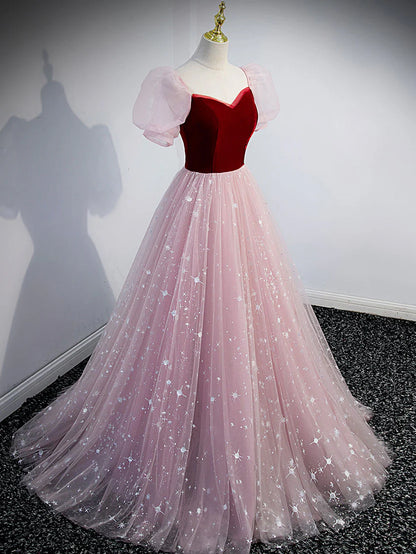 Robe de bal longue en tulle velours rose simple, robe de soirée rose ED0845