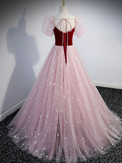 Robe de bal longue en tulle velours rose simple, robe de soirée rose ED0845