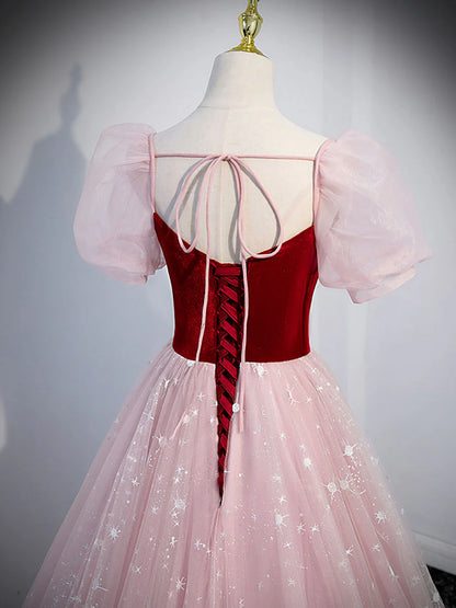 Robe de bal longue en tulle velours rose simple, robe de soirée rose ED0845