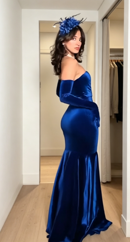 Chic Strapless Mermaid Velvet Long Evening Dress Royal Blue Prom Dress  ED08460