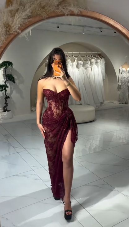 Glam Sweetheart Sheath Lace Long Evening Dress Burgundy Prom Dress ED08461