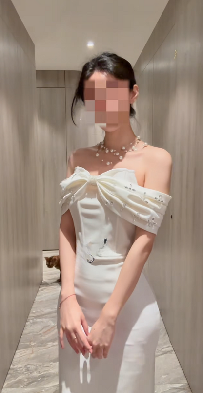 Glam Off-shoulder Sheath Satin Long Evening Dress White Prom Dress  ED08462