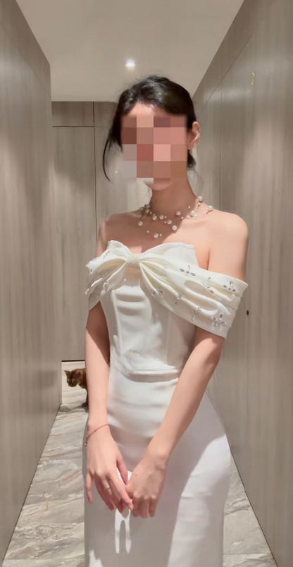 Glam Off-shoulder Sheath Satin Long Evening Dress White Prom Dress  ED08462