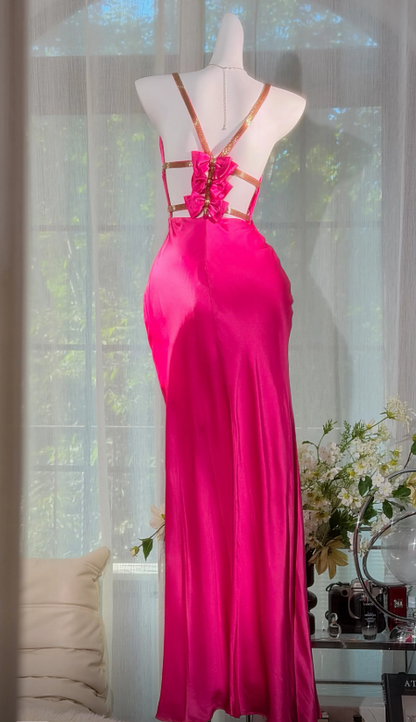 Glam Straps Sheath Satin Long Evening Dress Hot Pink Prom Dress   ED08463