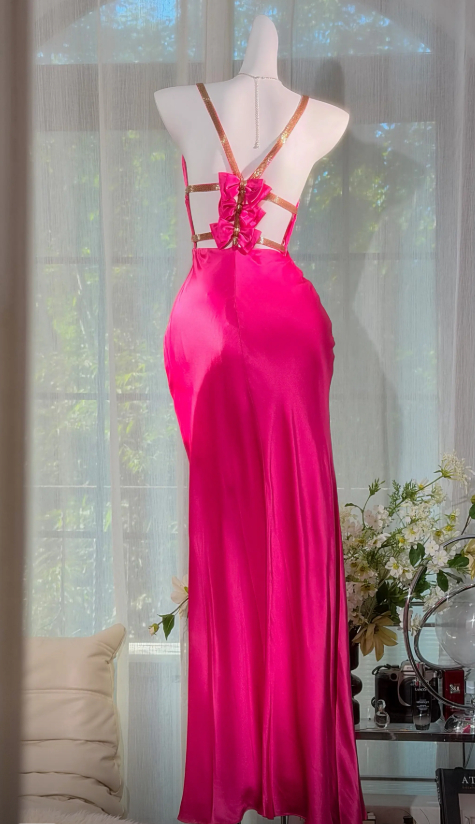 Glam Straps Sheath Satin Long Evening Dress Hot Pink Prom Dress   ED08463