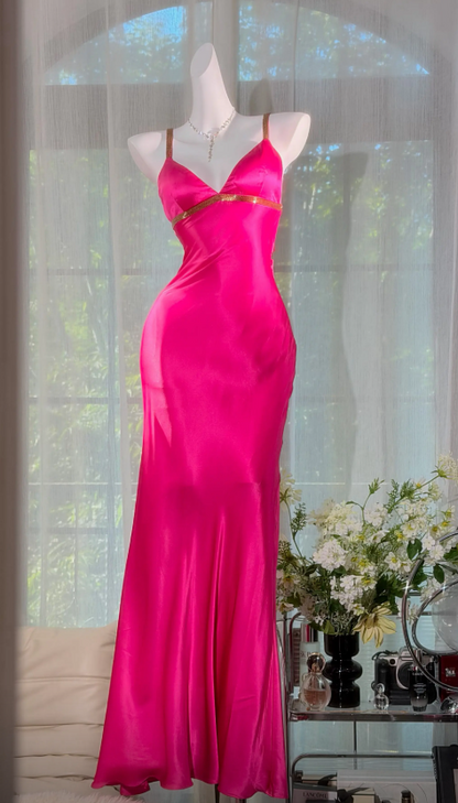 Glam Straps Sheath Satin Long Evening Dress Hot Pink Prom Dress   ED08463