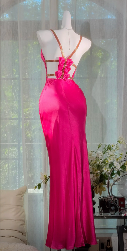 Glam Straps Sheath Satin Long Evening Dress Hot Pink Prom Dress   ED08463