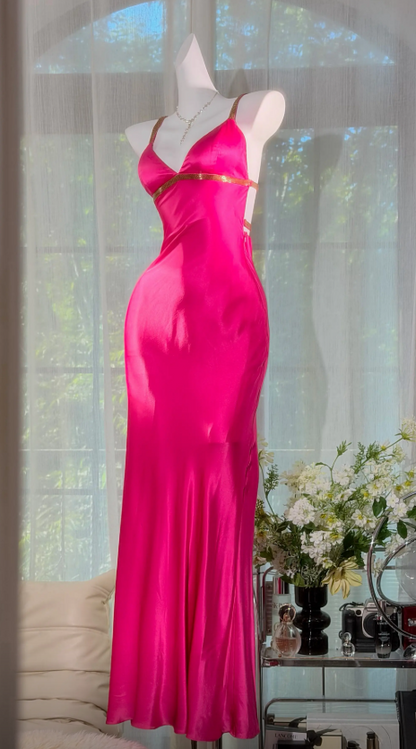 Glam Straps Sheath Satin Long Evening Dress Hot Pink Prom Dress   ED08463