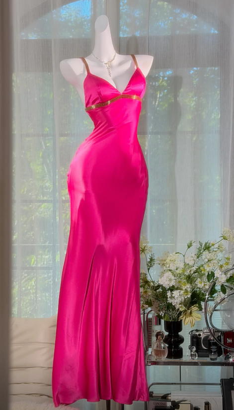 Glam Straps Sheath Satin Long Evening Dress Hot Pink Prom Dress   ED08463