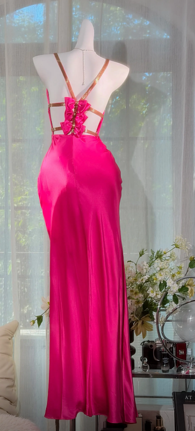 Glam Straps Sheath Satin Long Evening Dress Hot Pink Prom Dress   ED08463