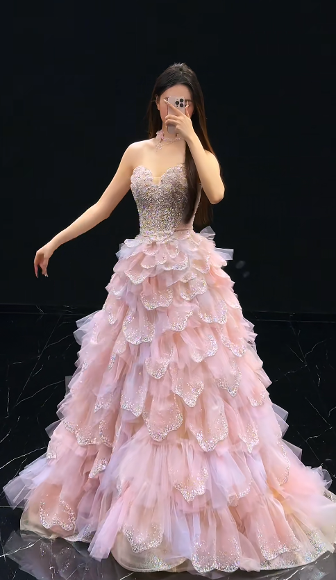 Glam Sweetheart A-Line Tulle Appliques Long Evening Dress Pink Sweet 16 Dress ED08466