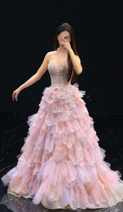Glam Sweetheart A-Line Tulle Appliques Long Evening Dress Pink Sweet 16 Dress ED08466