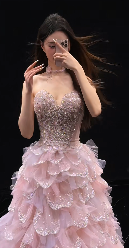 Glam Sweetheart A-Line Tulle Appliques Long Evening Dress Pink Sweet 16 Dress ED08466