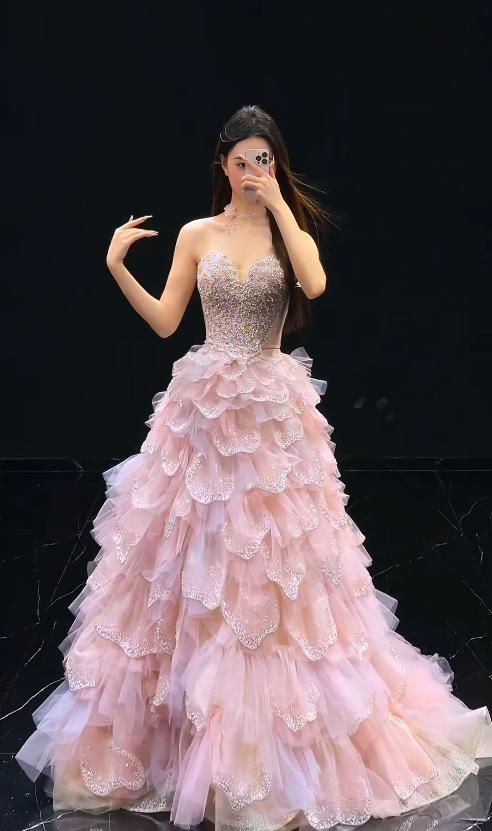 Glam Sweetheart A-Line Tulle Appliques Long Evening Dress Pink Sweet 16 Dress ED08466