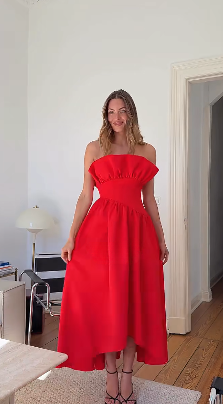 Glam Strapless Summer Dress A-Line Chiffon Long Evening Dress Red Party Dress ED08467