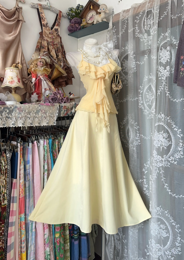 Glam Halter Summer Dress Sheath Chiffon Long Evening Dress Yellow Party Dress ED08468
