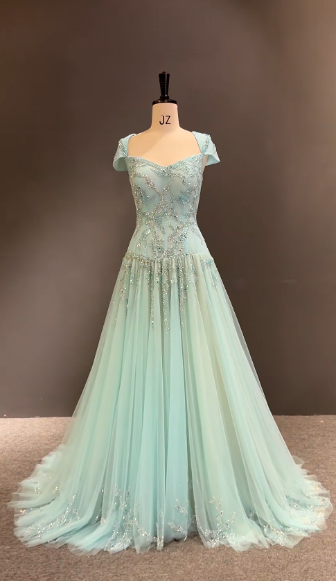 Glam V-neck Summer Dress Sheath Chiffon Beaded Long Evening Dress Tiffany Blue Party Dress ED08470