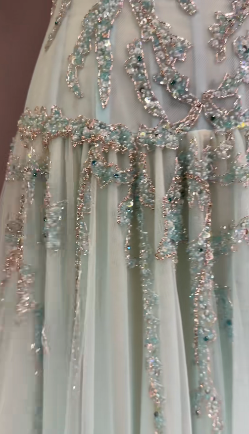 Glam V-neck Summer Dress Sheath Chiffon Beaded Long Evening Dress Tiffany Blue Party Dress ED08470