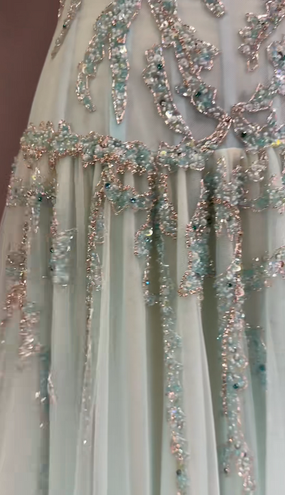 Glam V-neck Summer Dress Sheath Chiffon Beaded Long Evening Dress Tiffany Blue Party Dress ED08470