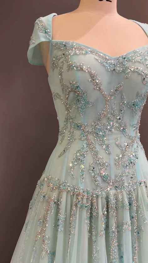 Glam V-neck Summer Dress Sheath Chiffon Beaded Long Evening Dress Tiffany Blue Party Dress ED08470