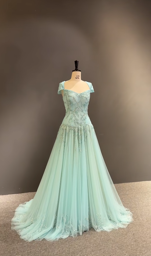 Glam V-neck Summer Dress Sheath Chiffon Beaded Long Evening Dress Tiffany Blue Party Dress ED08470