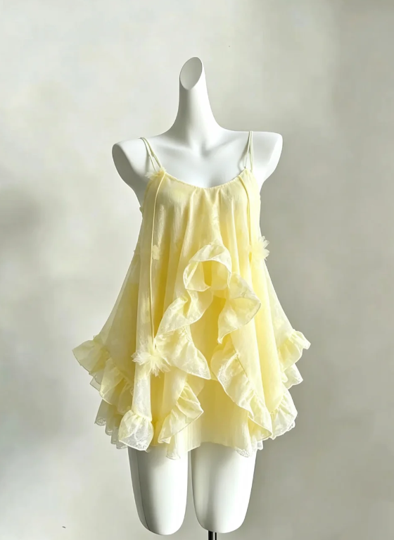 Sexy Spaghetti Straps Birthday Dress Chiffon Sheath Party Dress Yellow Homecoming DressED08474