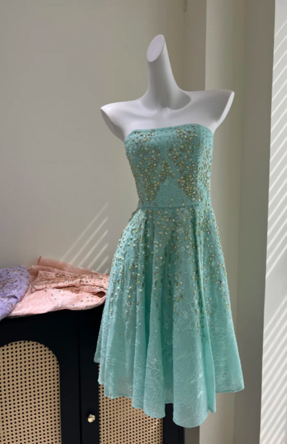 Chic Strapless Birthday Dress Lace A-Line Party Dress Tiffany Blue Homecoming Dress ED08476