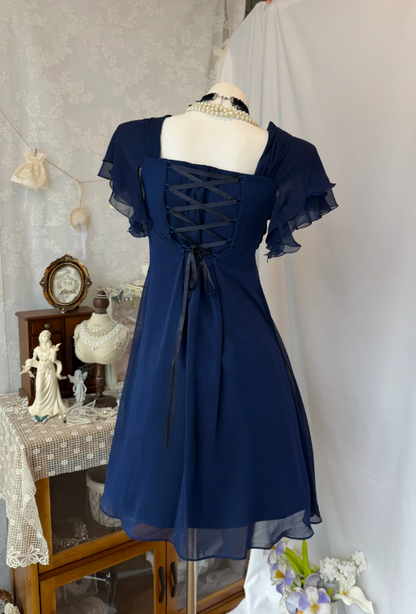 Chic Square Neck Birthday Dress Chiffon Sheath Party Dress Navy Blue Homecoming Dress ED08477