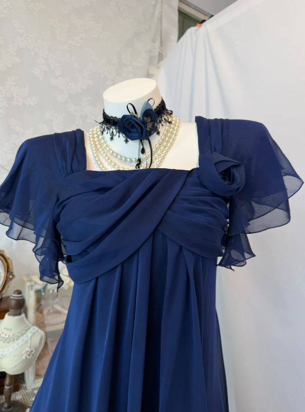 Chic Square Neck Birthday Dress Chiffon Sheath Party Dress Navy Blue Homecoming Dress ED08477