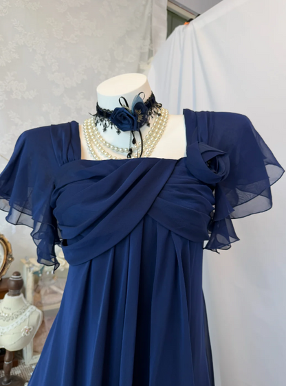 Chic Square Neck Birthday Dress Chiffon Sheath Party Dress Navy Blue Homecoming Dress ED08477