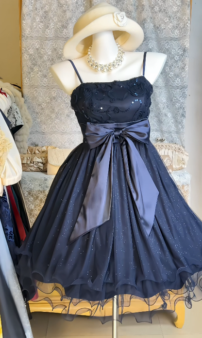 Cute Midnight Blue Summer Dress Spaghetti Straps A-Line Chiffon Birthday Dress Sleeveless Party Dress ED08481