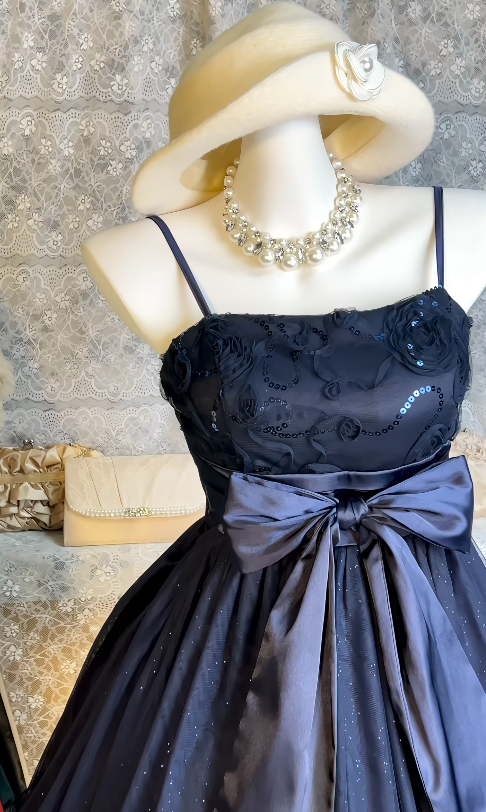 Cute Midnight Blue Summer Dress Spaghetti Straps A-Line Chiffon Birthday Dress Sleeveless Party Dress ED08481