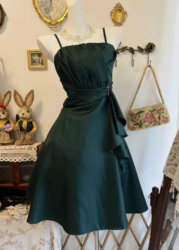 Cute Dark Green Homecoming Dress Spaghetti Straps A-Line Satin Birthday Dress Sleeveless Party Dress ED08482