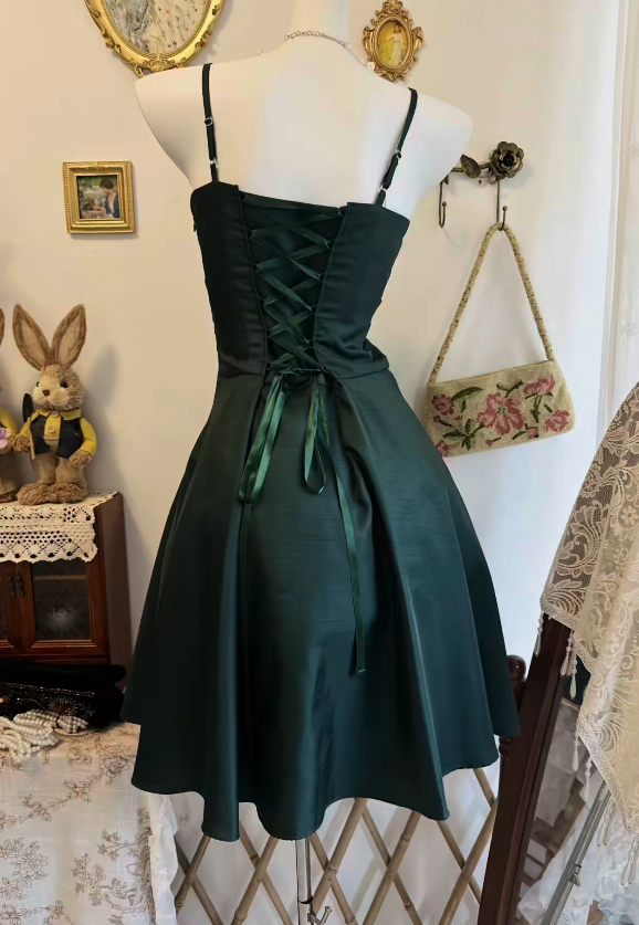 Cute Dark Green Homecoming Dress Spaghetti Straps A-Line Satin Birthday Dress Sleeveless Party Dress ED08482