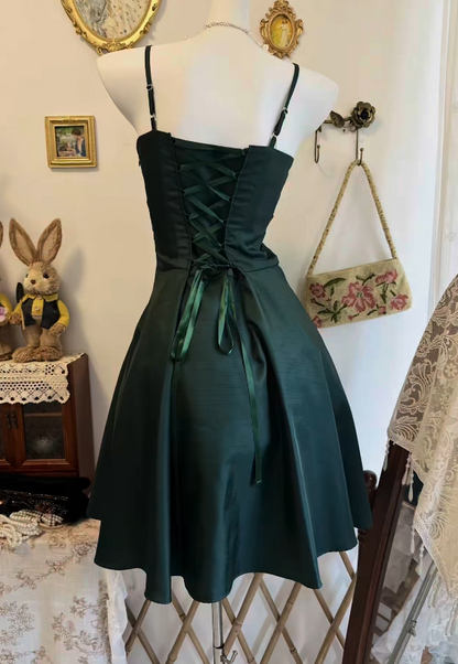 Cute Dark Green Homecoming Dress Spaghetti Straps A-Line Satin Birthday Dress Sleeveless Party Dress ED08482