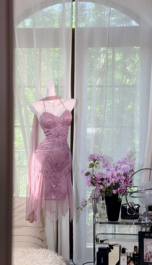 Chic Halter Birthday Dress Chiffon Beaded Sheath Party Dress Purple Homecoming Dress ED08485