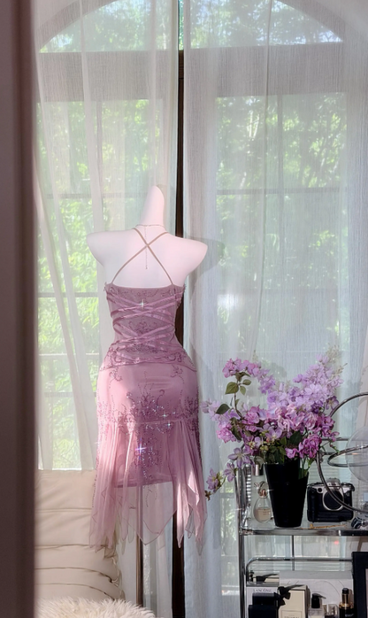 Chic Halter Birthday Dress Chiffon Beaded Sheath Party Dress Purple Homecoming Dress ED08485