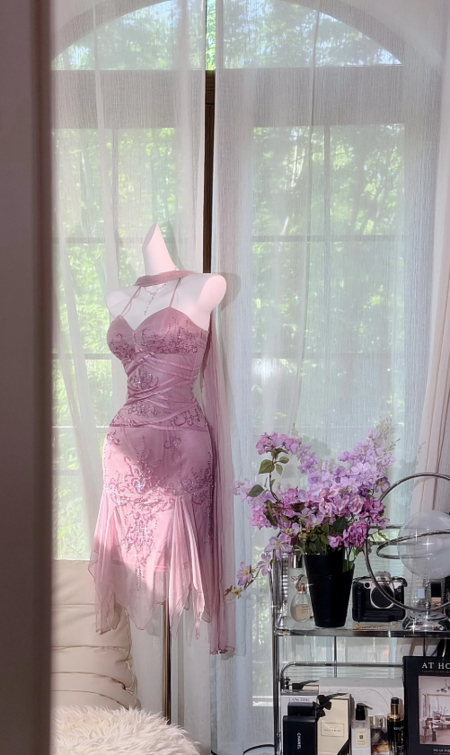 Chic Halter Birthday Dress Chiffon Beaded Sheath Party Dress Purple Homecoming Dress ED08485
