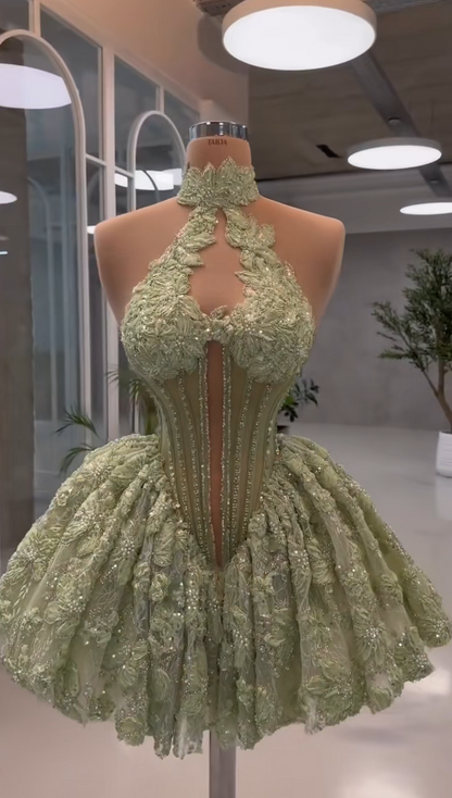 Chic Halter Birthday Dress Lace Applique A-Line Party Dress Green Short Homecoming Dress ED08488