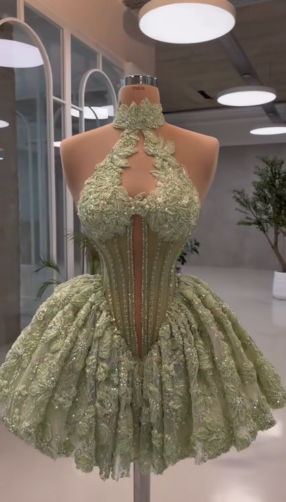 Chic Halter Birthday Dress Lace Applique A-Line Party Dress Green Short Homecoming Dress ED08488