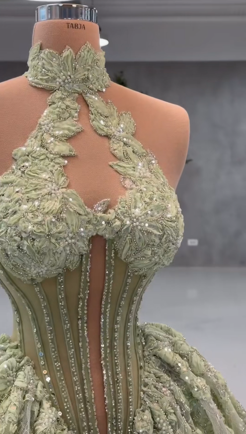 Chic Halter Birthday Dress Lace Applique A-Line Party Dress Green Short Homecoming Dress ED08488