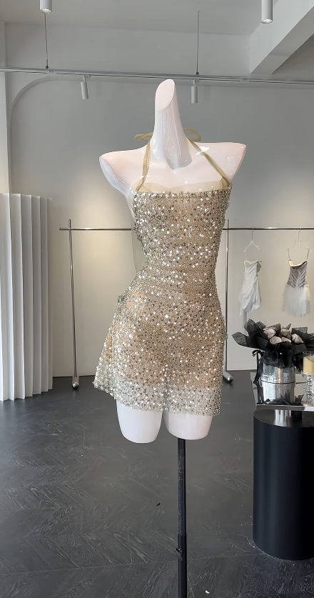 Fashion Halter Sheath Summer Short Dress Sequins Gold Vacation Dress ED08495