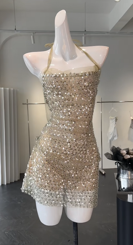 Fashion Halter Sheath Summer Short Dress Sequins Gold Vacation Dress ED08495