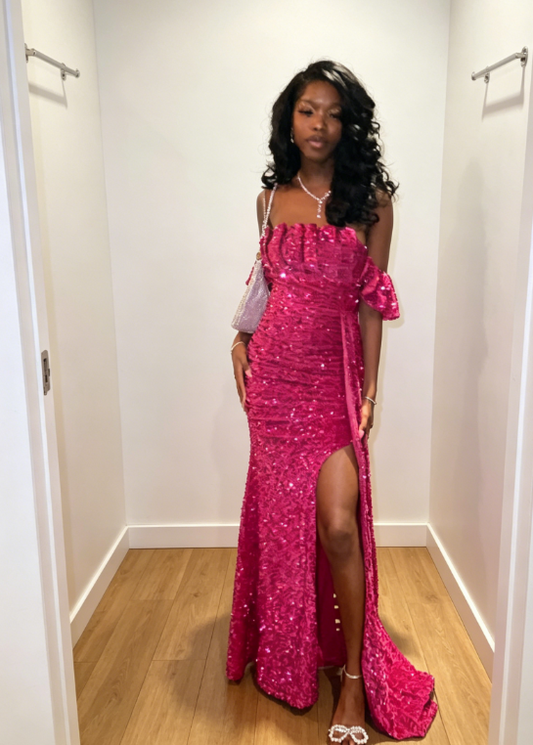 Fashion Hot Pink Prom Dress Strapless Sheath Sequins Long Evening Dress ED08498