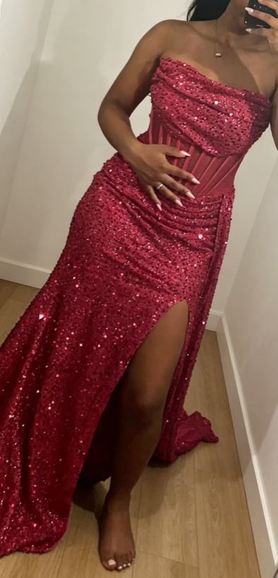 Sexy Hot Pink Prom Dress Strapless Sheath Sequins Long Evening Dress ED08499